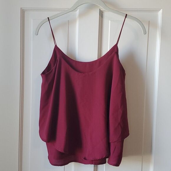 ANTHROPOLOGIE PAPER CRANE TOP BURGUNDY FLOUNCY TANK SPAGHETTI STRAPS SMALL - Picture 2 of 6